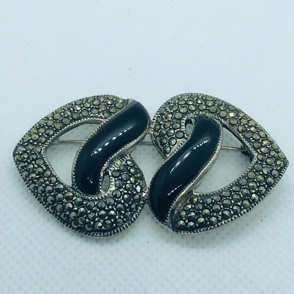 Vintage Sterling Silver Art Deco Double Heart Onyx & Marcasite Pin/Brooch